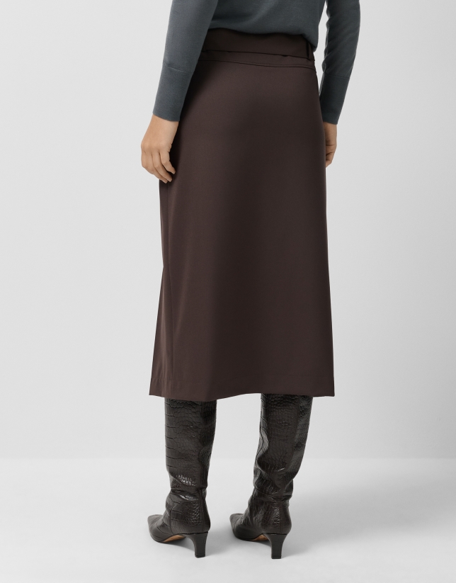 Brown straight midi skirt with front pleats