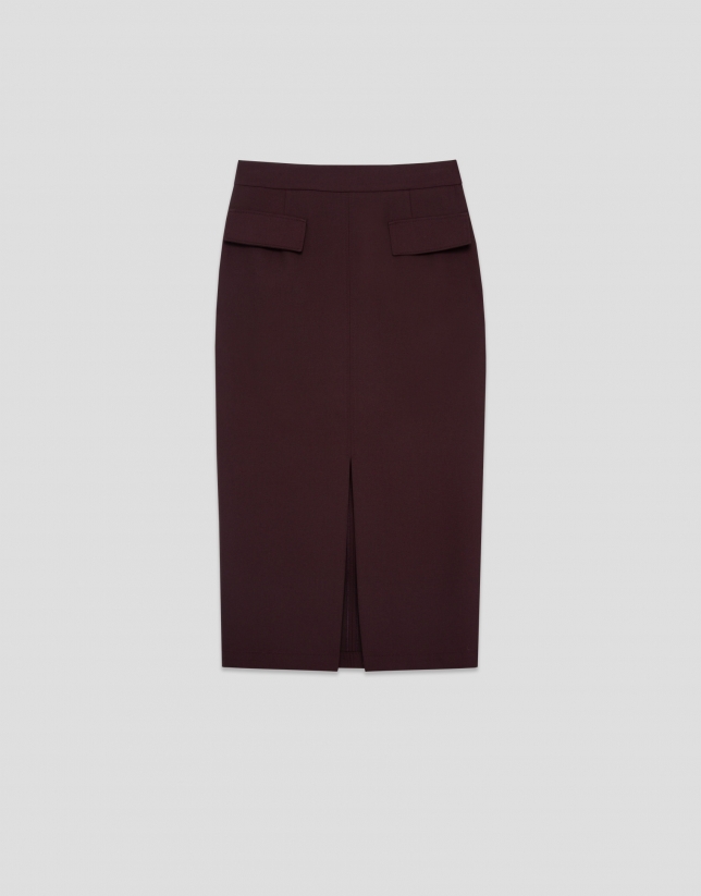 Straight midi skirt with front slit in burgundy