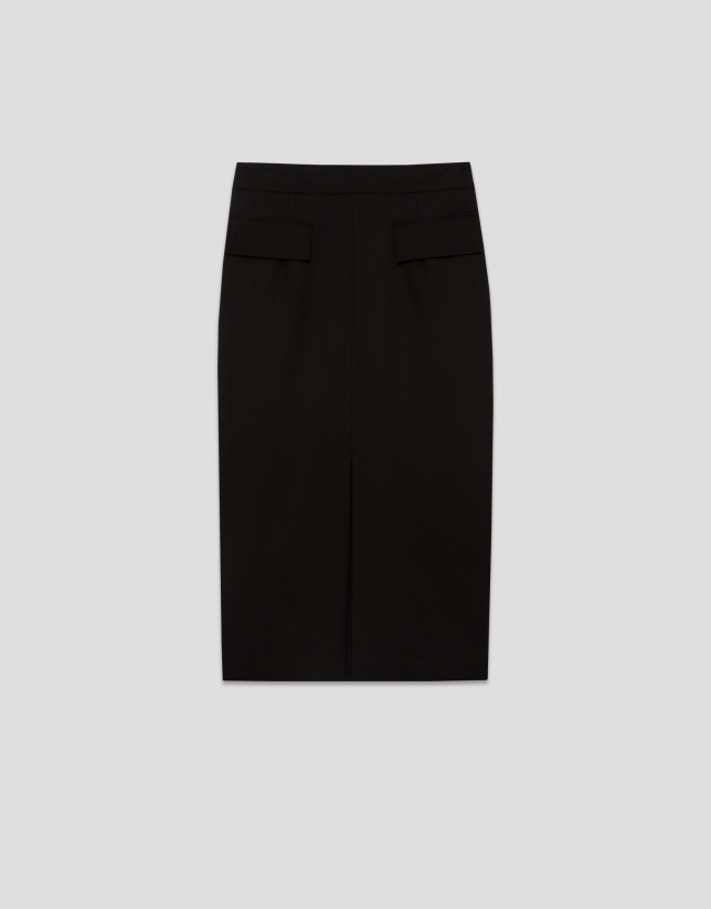 Black straight midi skirt with front slit