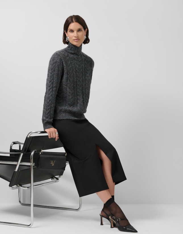 Black straight midi skirt with front slit