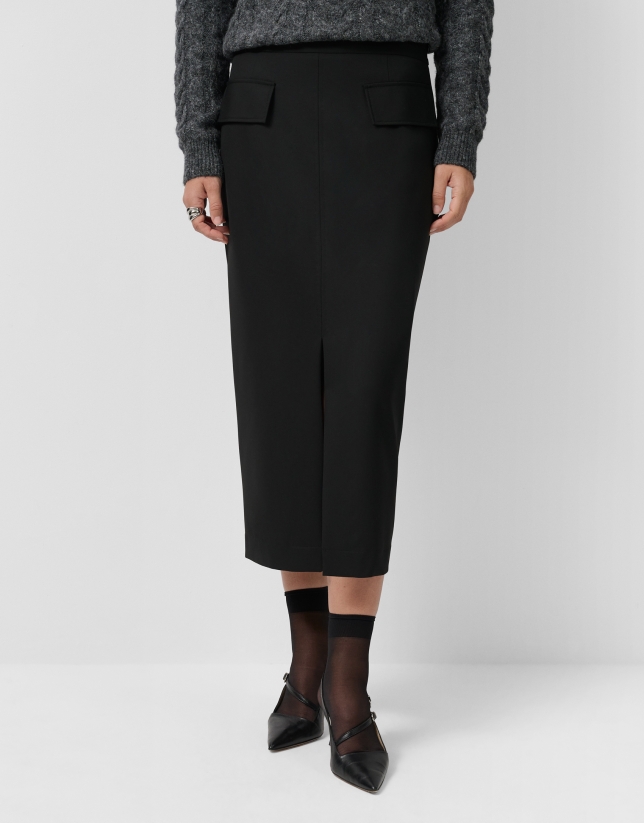 Black straight midi skirt with front slit