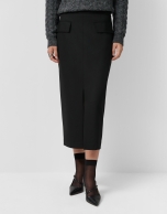 Black straight midi skirt with front slit