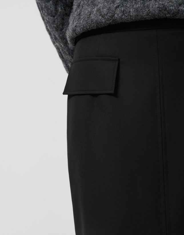 Black straight midi skirt with front slit