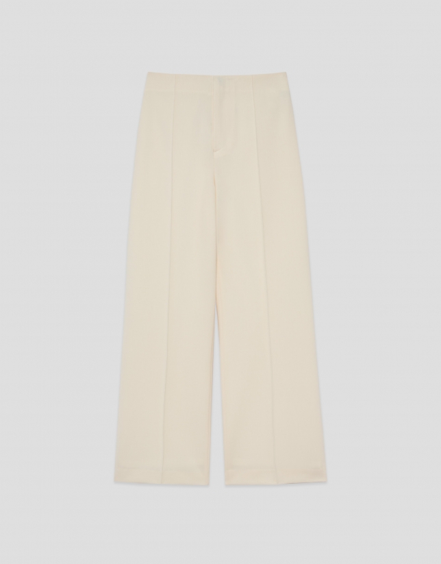 High-waisted straight-leg ecru crepe trousers