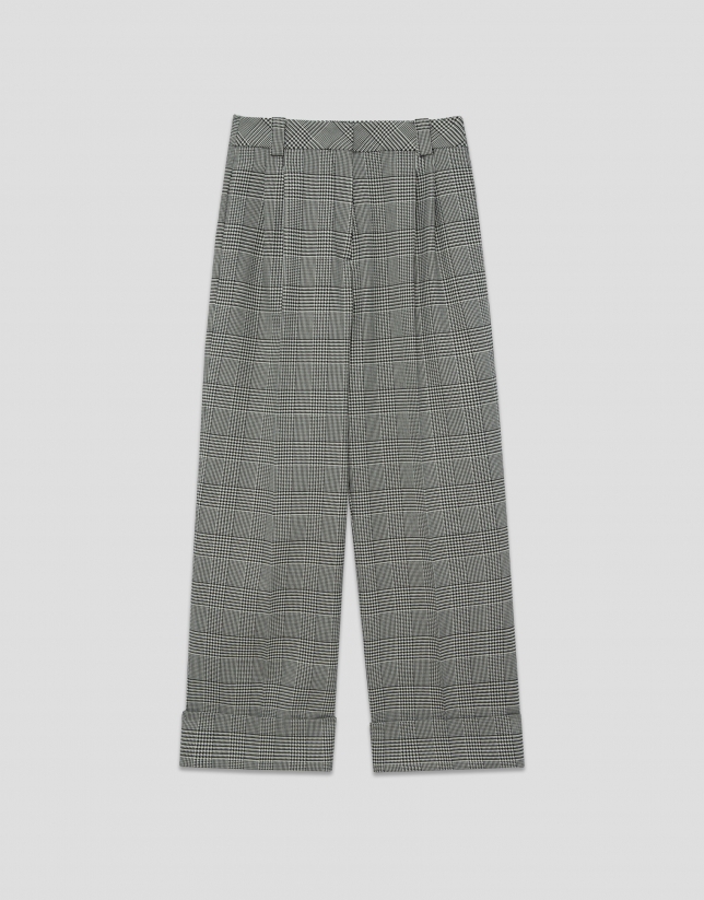 Pantalón pinzas corte masculino cuadro gales blanco y negro