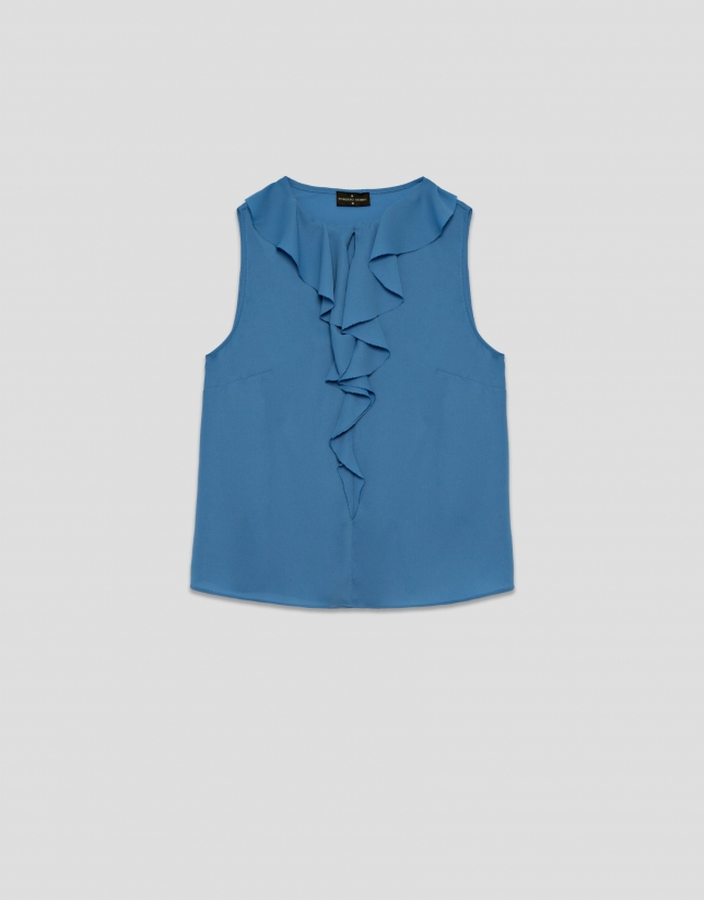 Sleeveless blue crepe blouse with ruffle