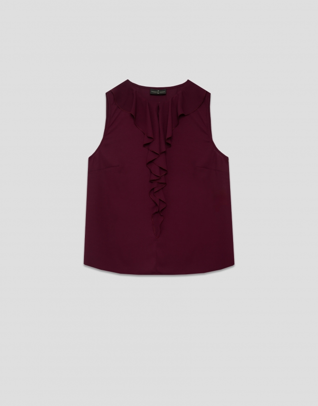 Blusa sin mangas en crepé rojo con volante