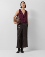 Sleeveless red crepe blouse with ruffle