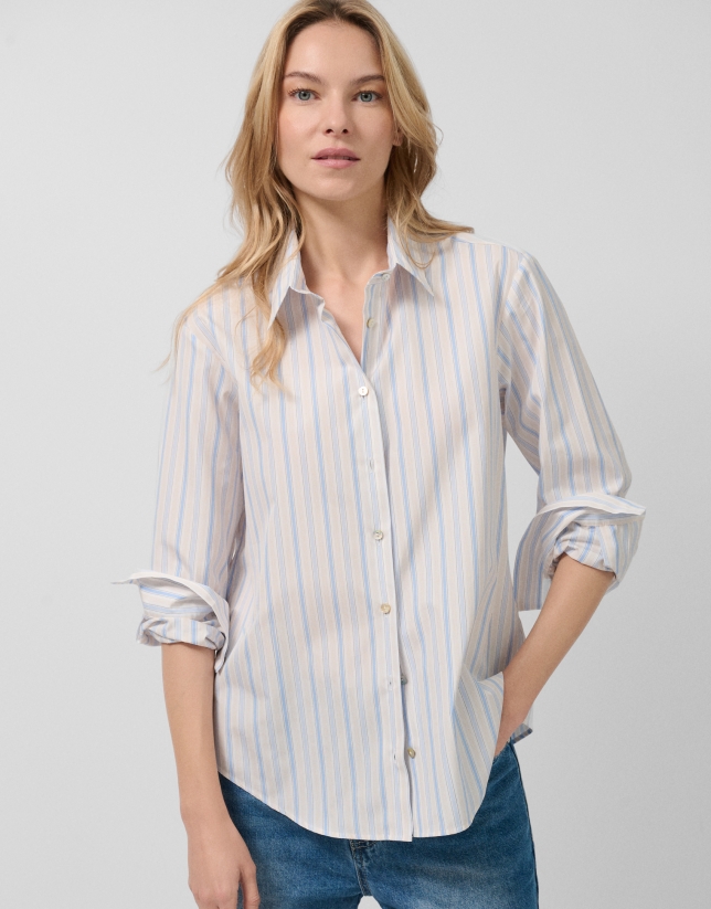 Camisa algodón con listas azules y beige