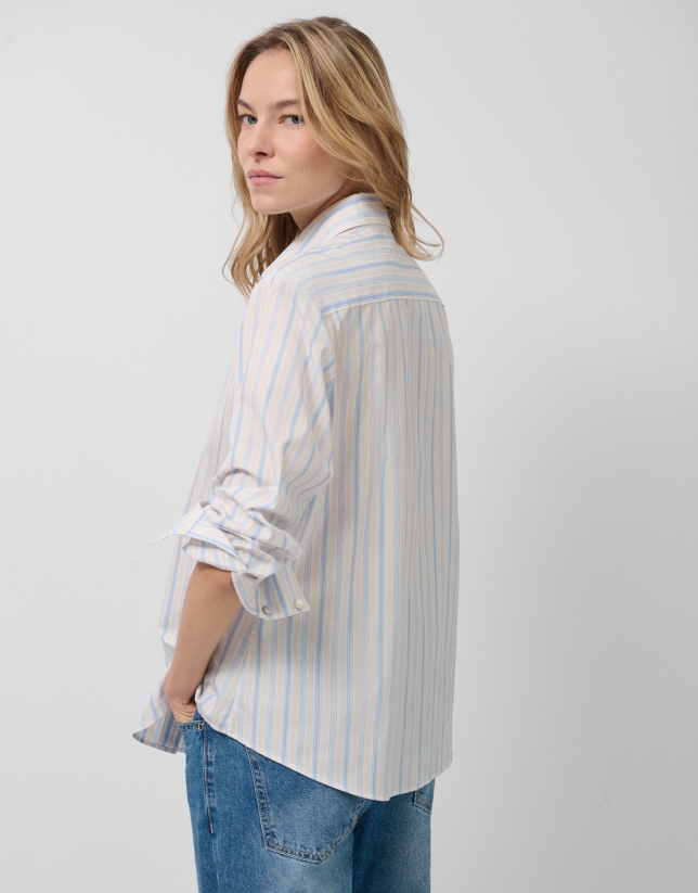 Camisa algodón con listas azules y beige