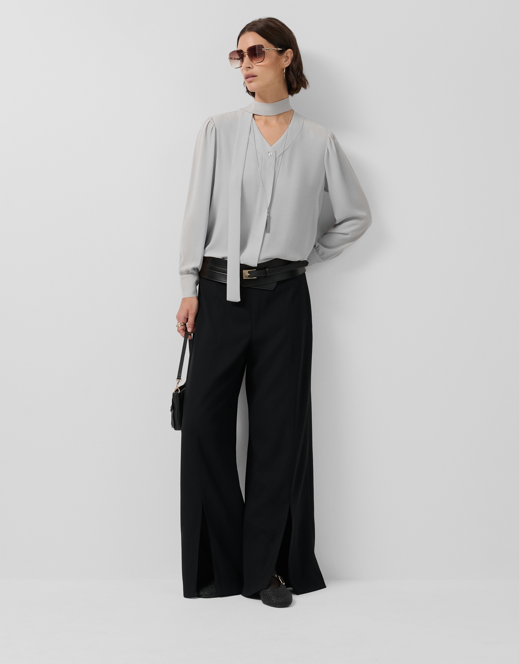 Oversized gray bow-neck blouse