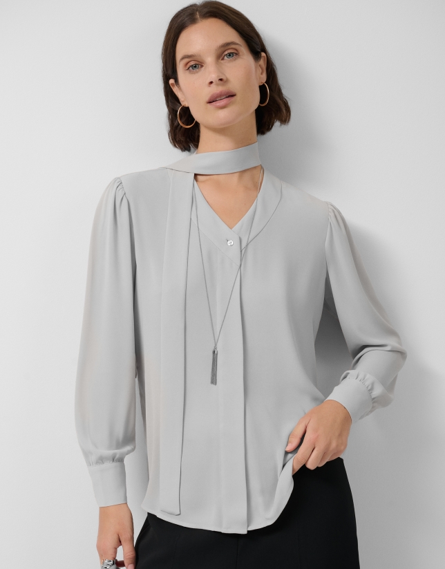 Oversized gray bow-neck blouse