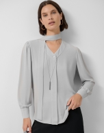 Oversized gray bow-neck blouse