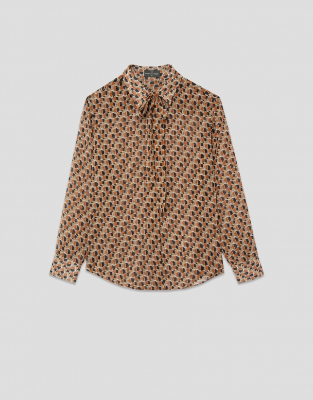 Blusa con lazada estampado geométrico tonos marrones