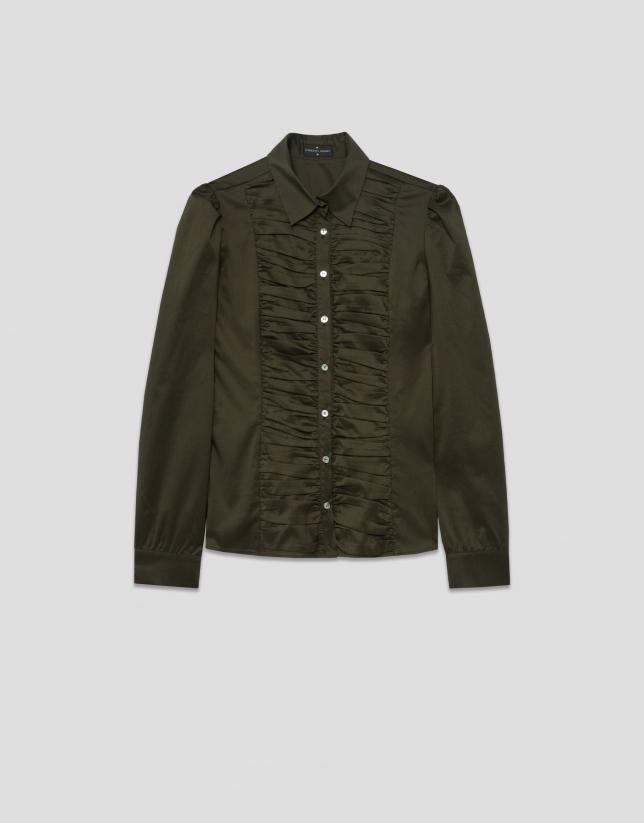 Camisa con pechera drapeada verde oscuro