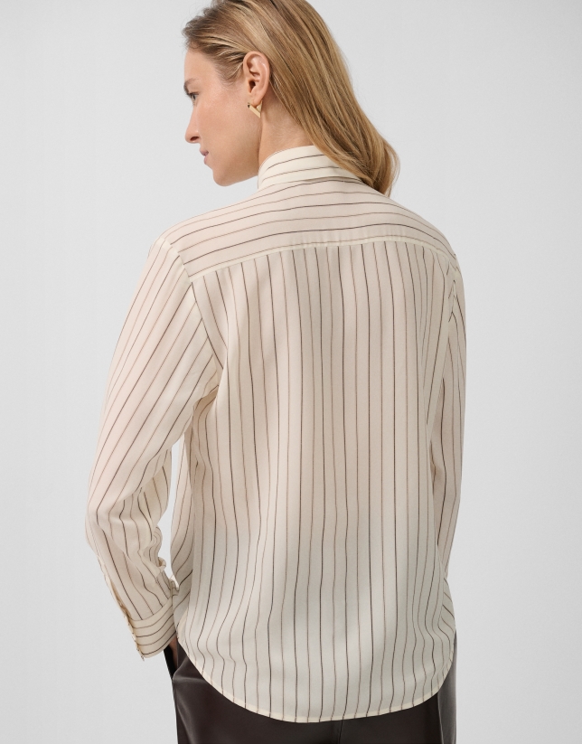 Camisa listas beige con lazada en cuello