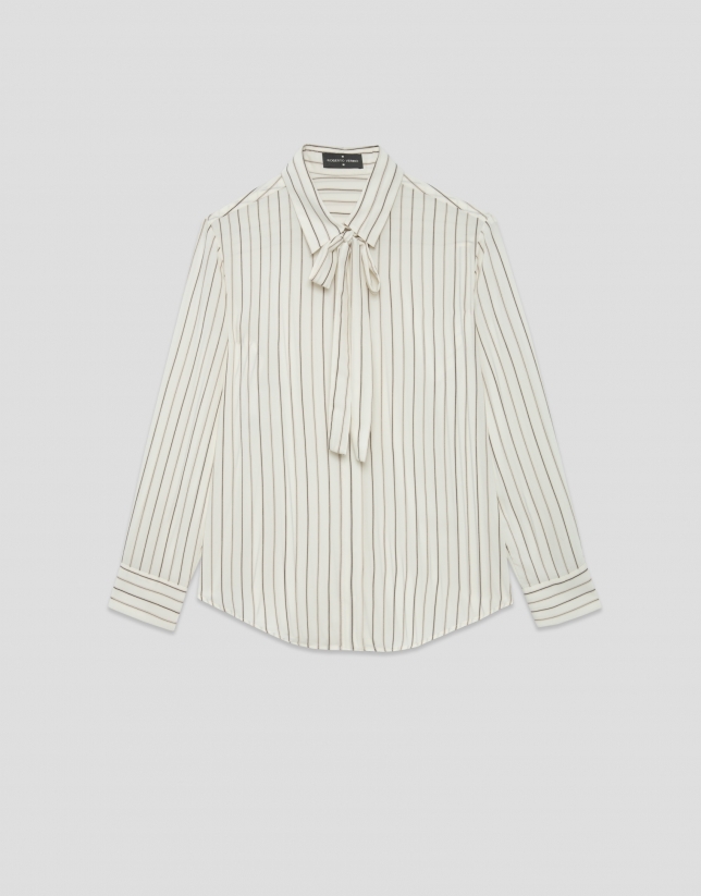 Camisa listas beige con lazada en cuello