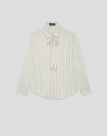 Camisa listas beige con lazada en cuello