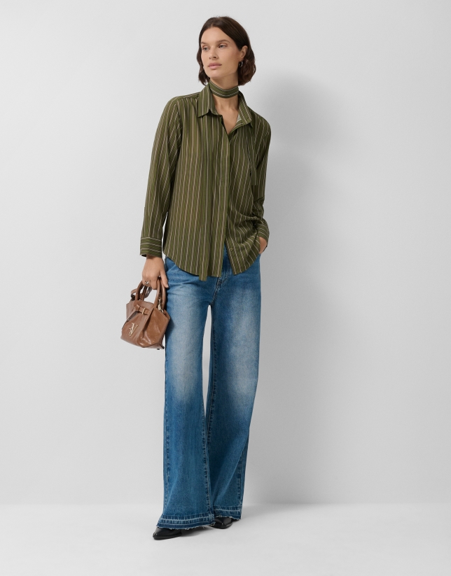 Green striped shirt with bow at the neck