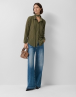 Green striped shirt with bow at the neck