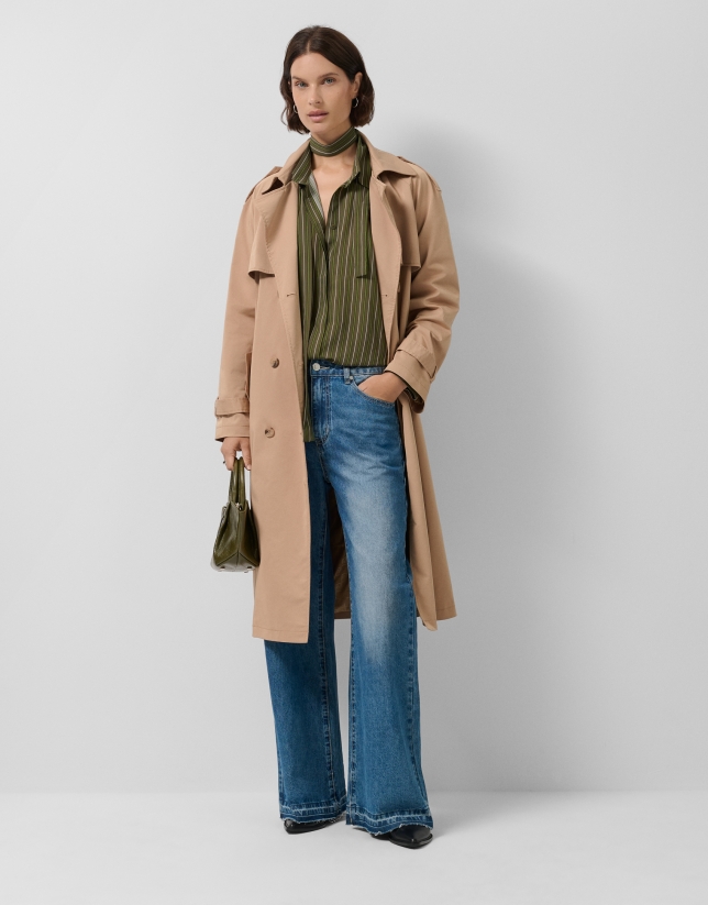 Green striped shirt with bow at the neck