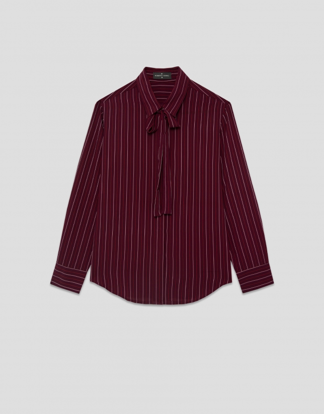 Camisa listas berenjena con lazada en cuello
