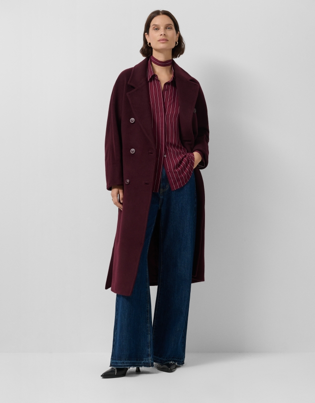 Camisa listas burdeos con lazada en cuello