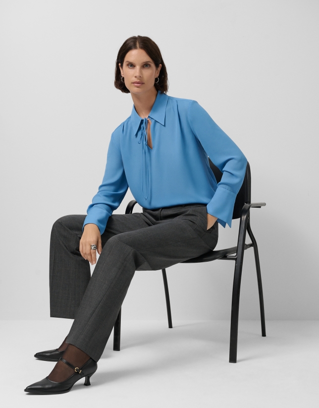 Blue crepe blouse with oversized cuffs