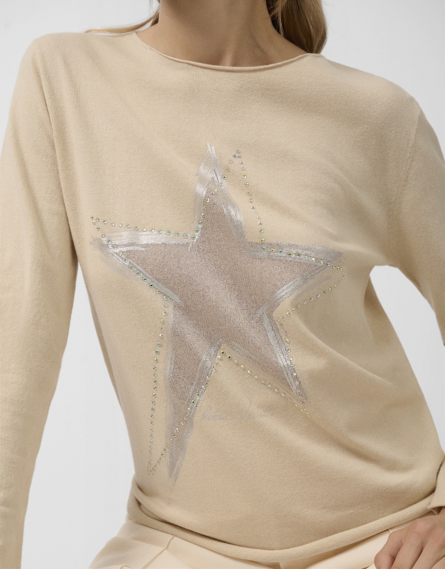 Camiseta manga larga punto tricotado cámel con estrellas