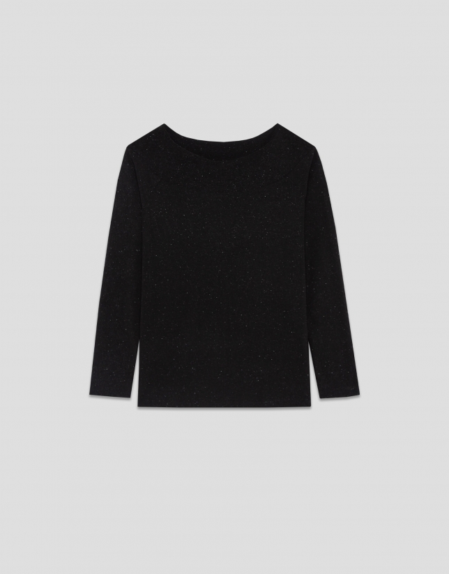 Black knit boat neck t-shirt with silver lurex