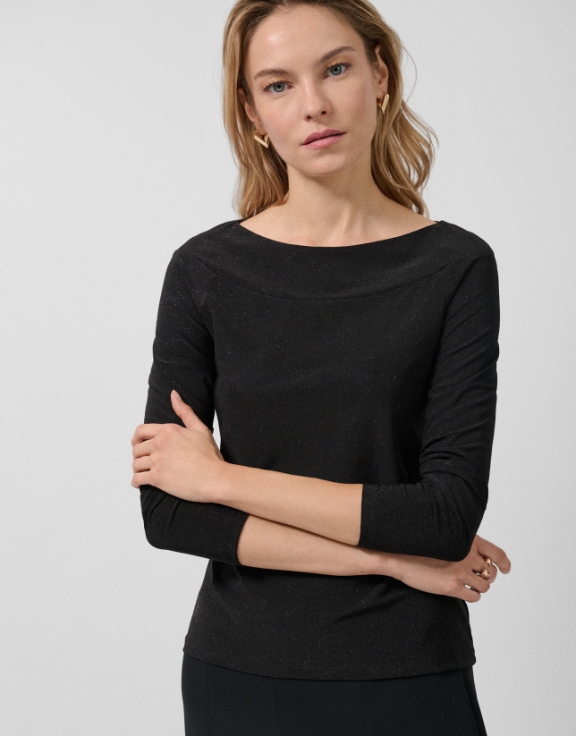 Camiseta cuello barco punto negro con lúrex plata