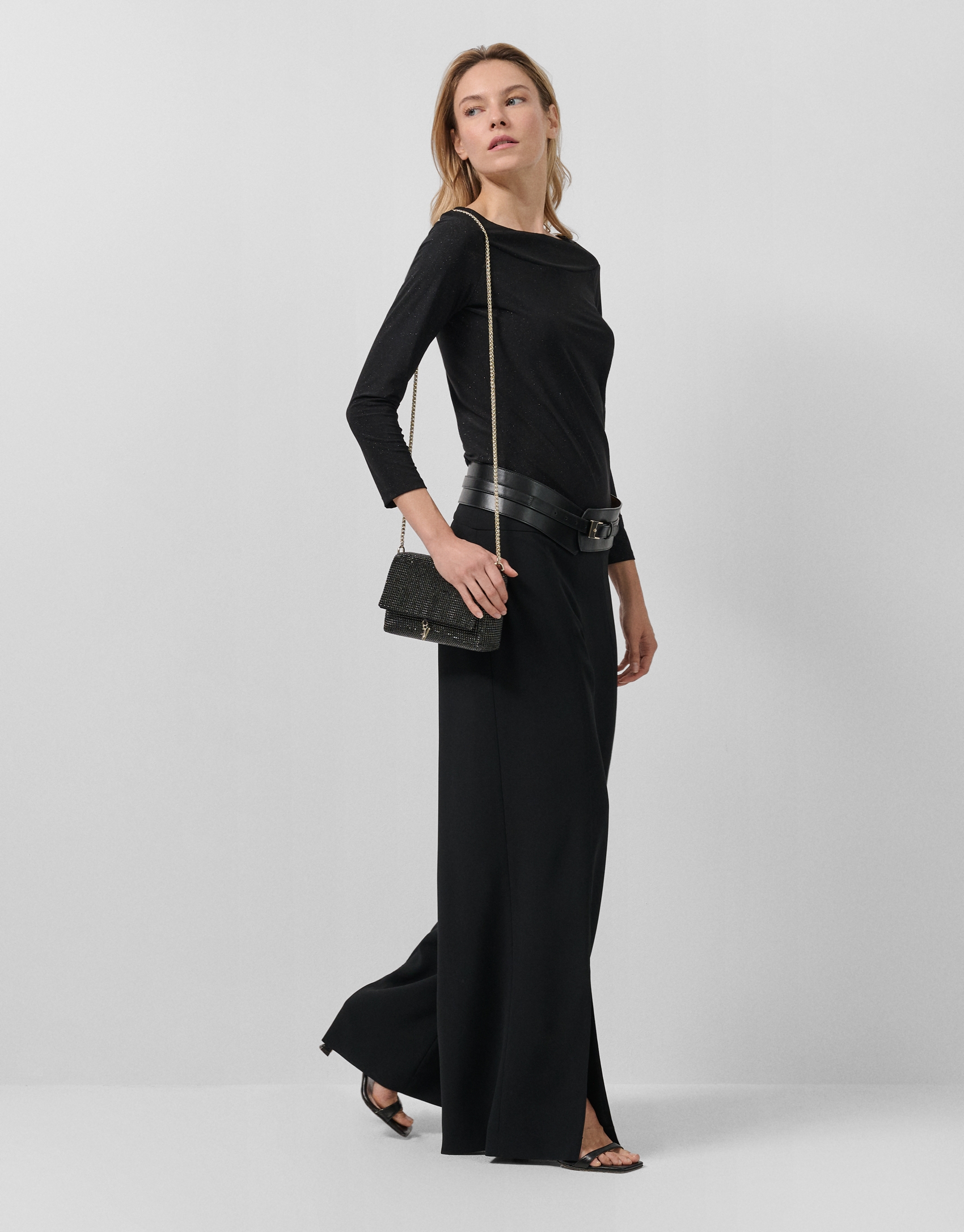 Black knit boat neck t-shirt with silver lurex