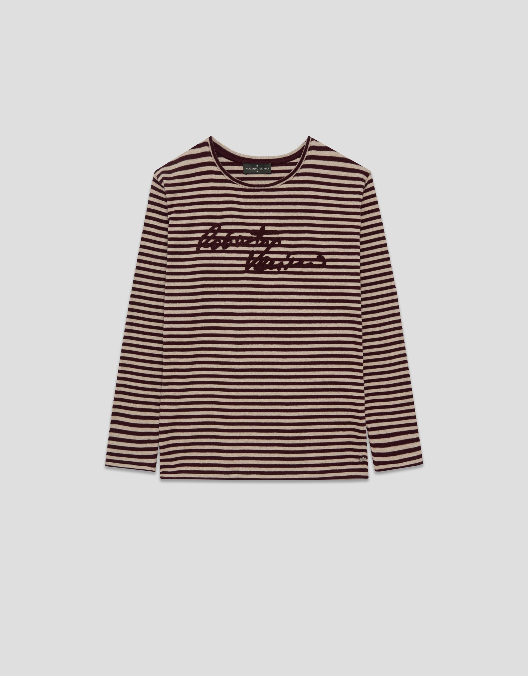 Burgundy striped long-sleeved T-shirt with signature