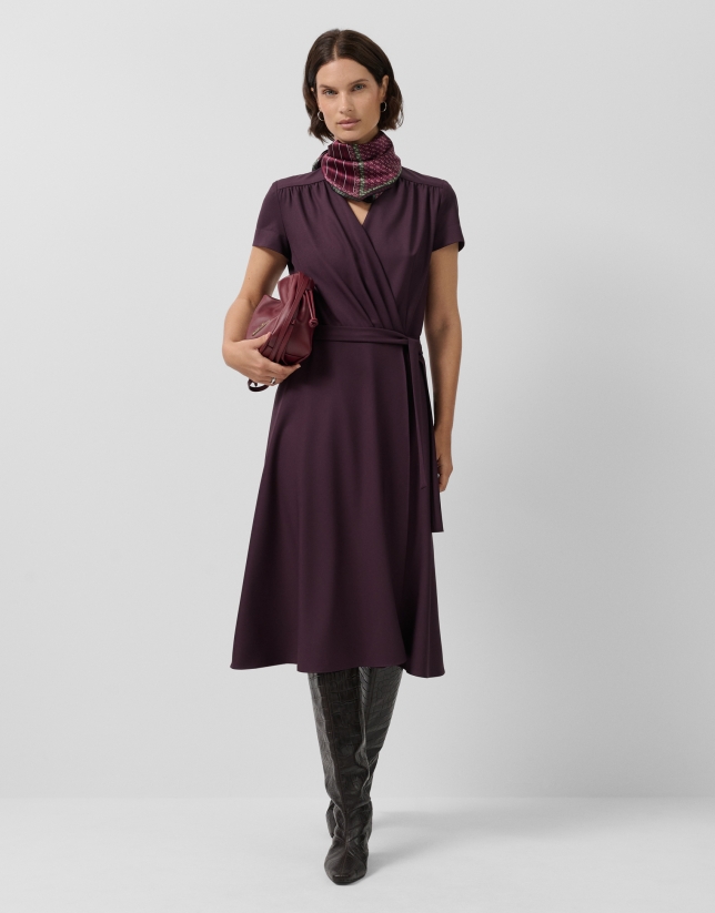 Burgundy short-sleeved wrap midi dress