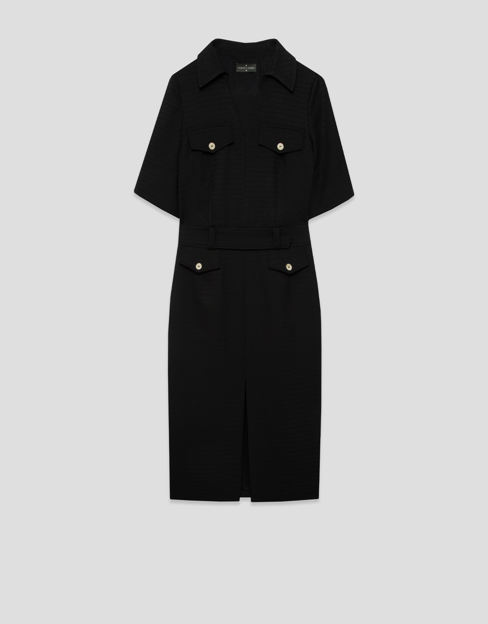 Black short-sleeved dress with flap pockets