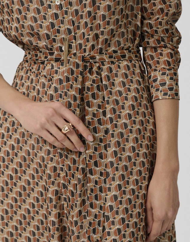 Long-sleeved shirt dress with a geometric print in brown tones