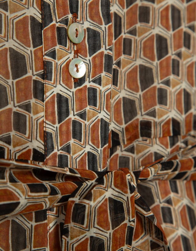 Long-sleeved shirt dress with a geometric print in brown tones