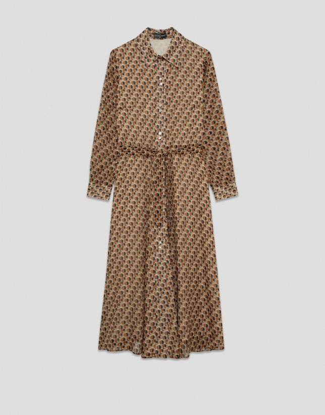 Vestido camisero manga larga estampado geométrico tonos marrones