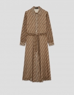 Long-sleeved shirt dress with a geometric print in brown tones