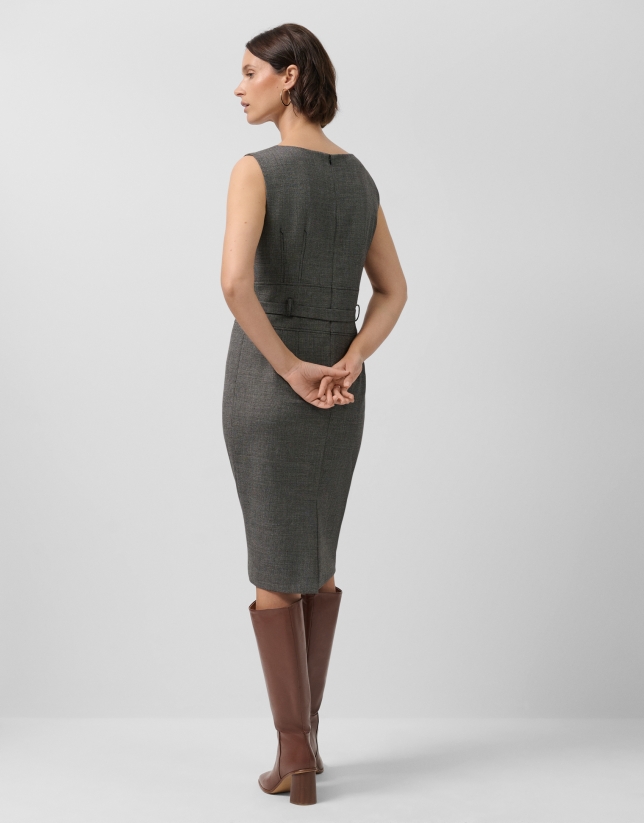 Sleeveless dress with gray micro-pattern belt