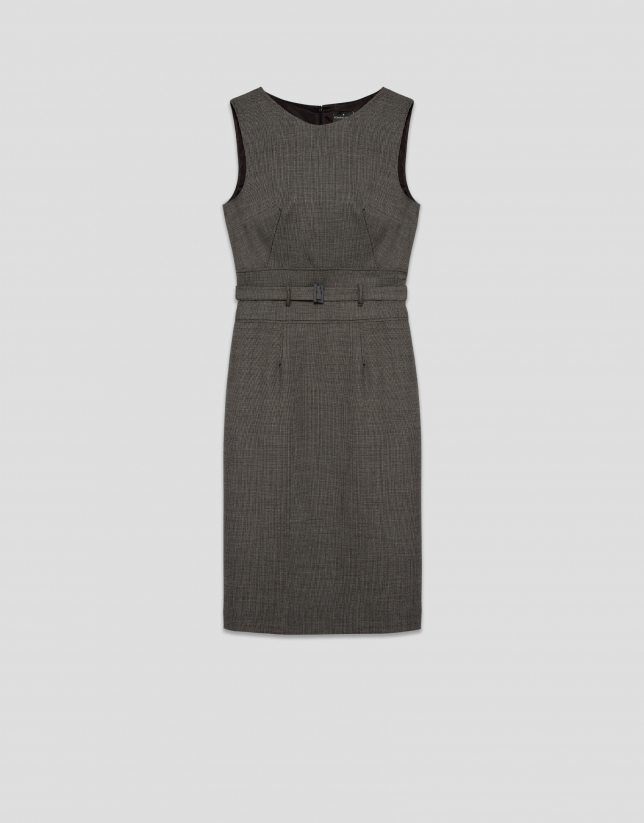 Sleeveless dress with gray micro-pattern belt