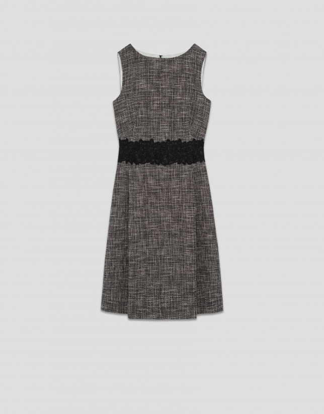 Vestido recto trama negro y crudo con encaje en cintura