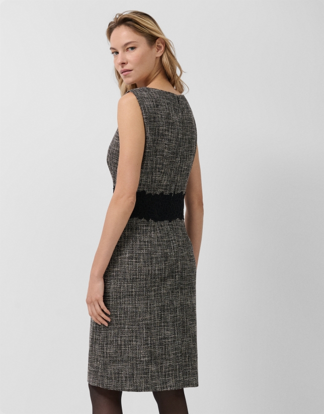 Vestido recto trama negro y crudo con encaje en cintura
