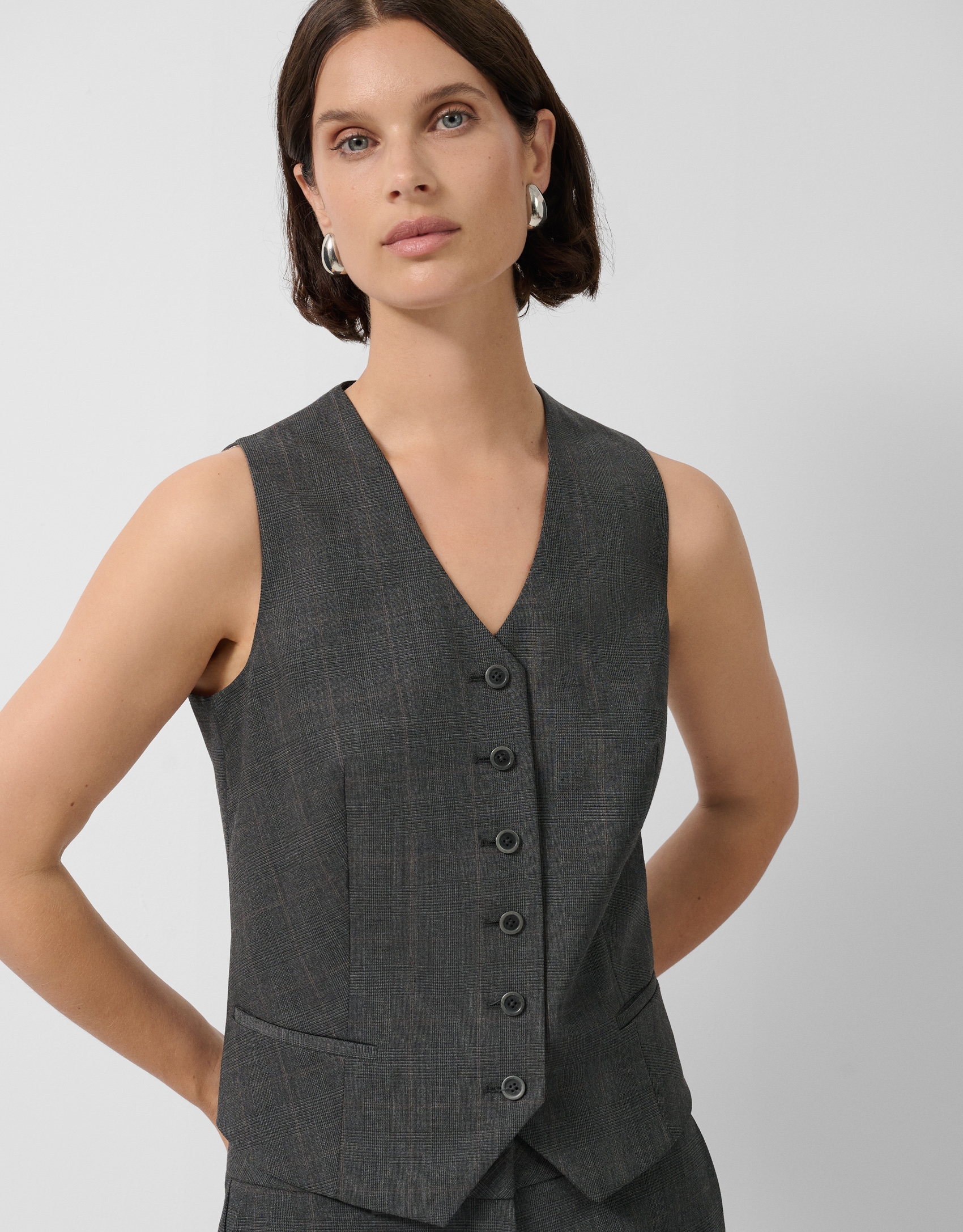 Men's tailored waistcoat in medium grey Welsh plaid