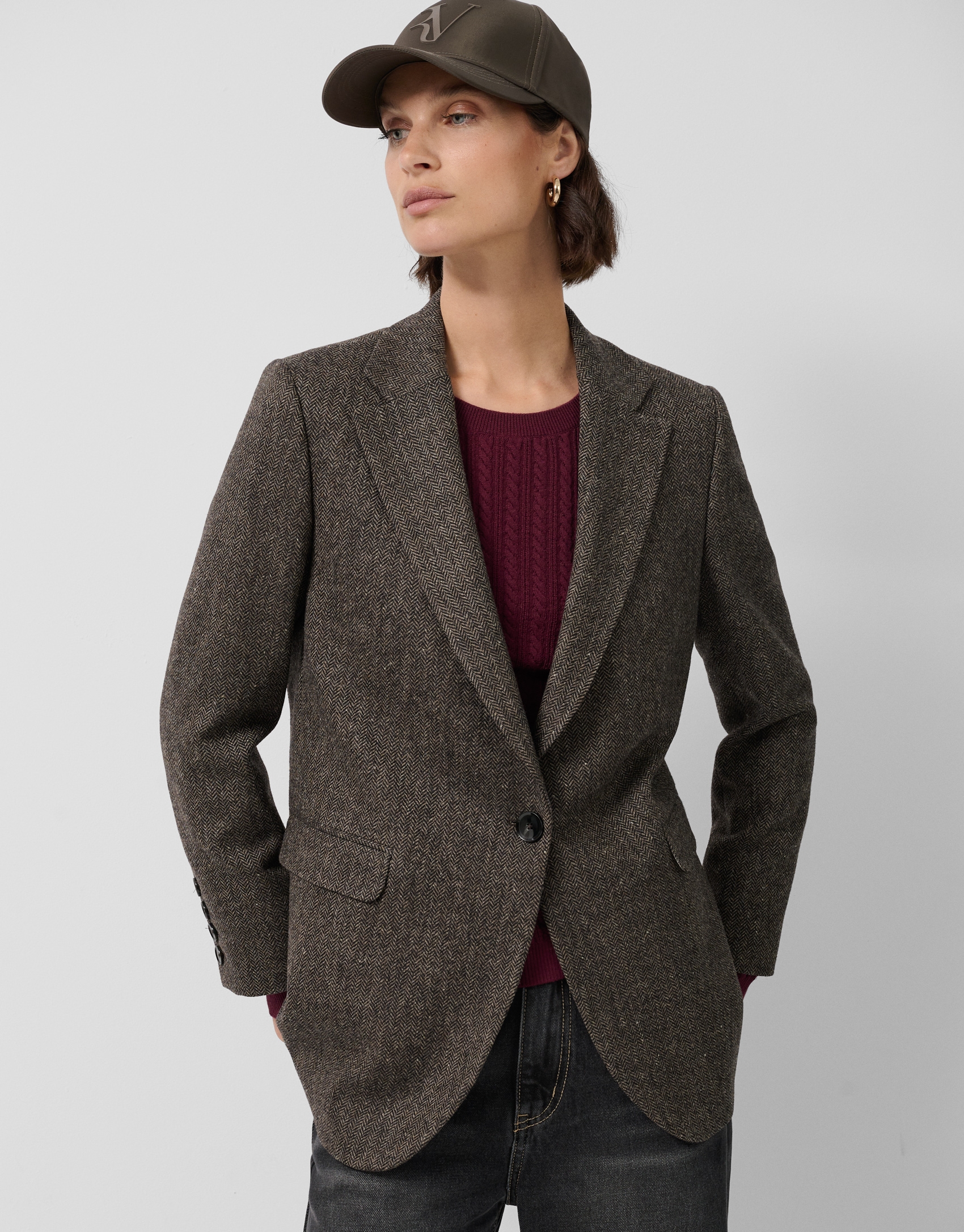 Blazer un botón lana Shetland espiga marrón