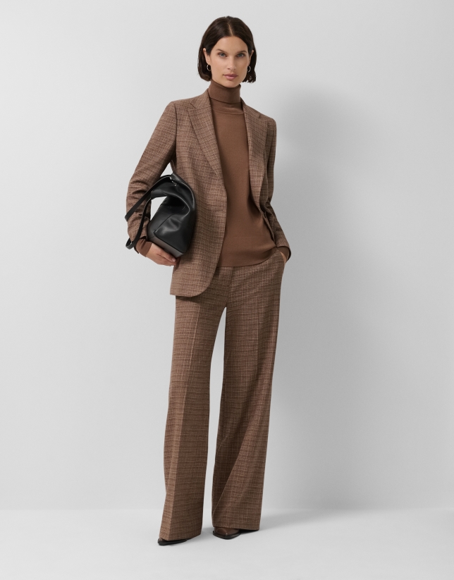 Camel check one-button blazer