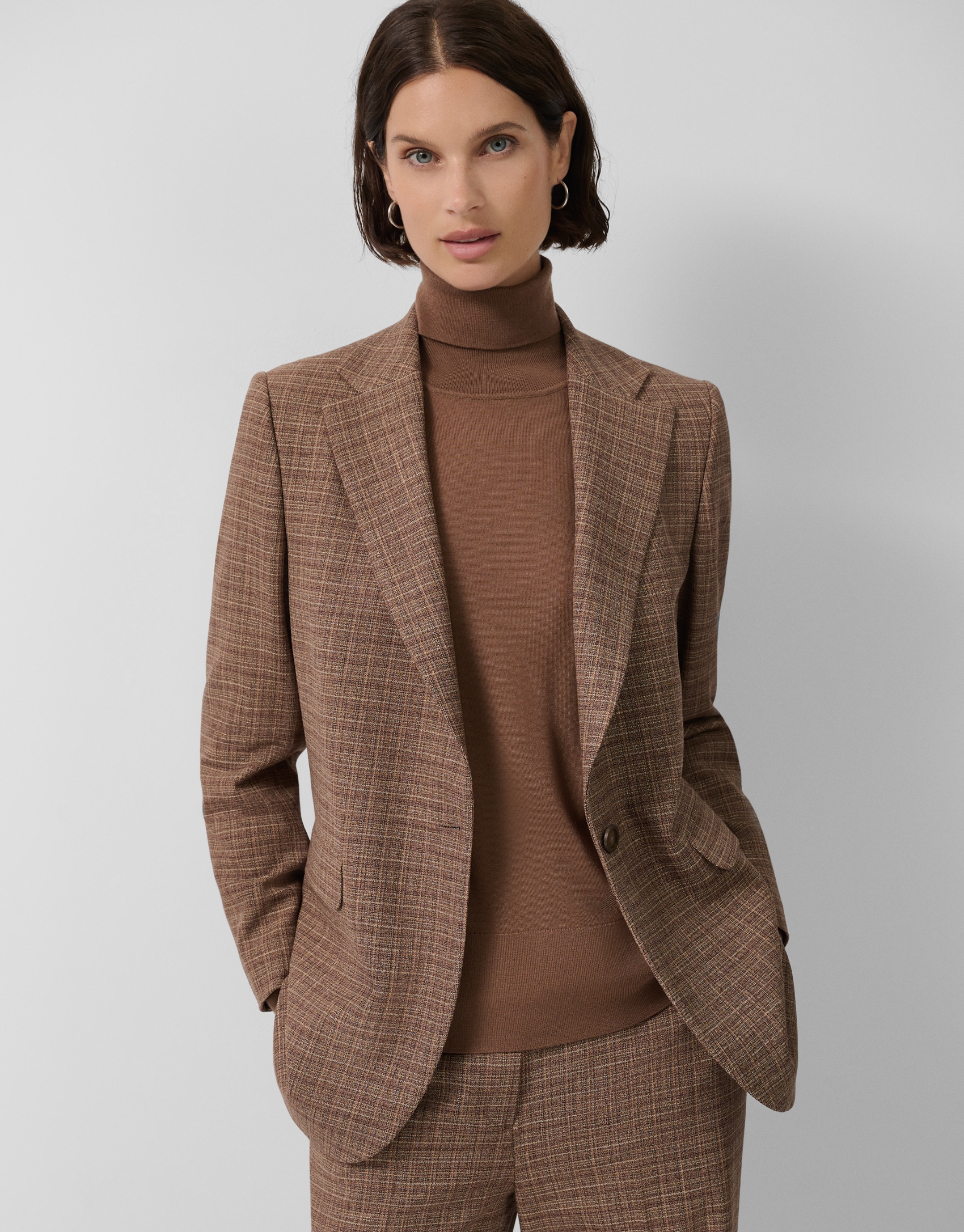 Camel check one-button blazer