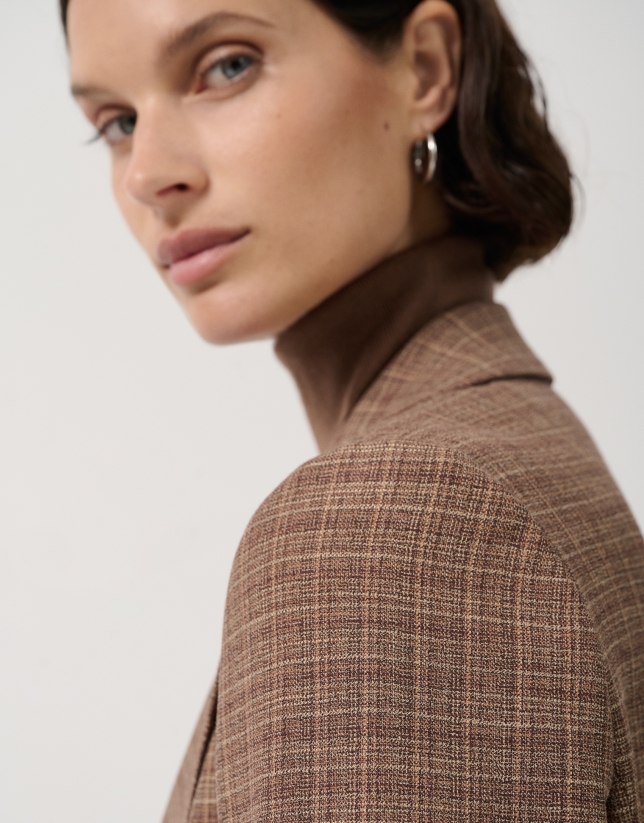 Camel check one-button blazer