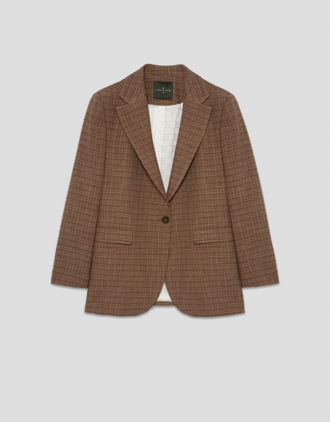 Camel check one-button blazer