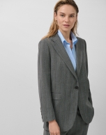 Blazer un botón gris espiga con perfil cámel